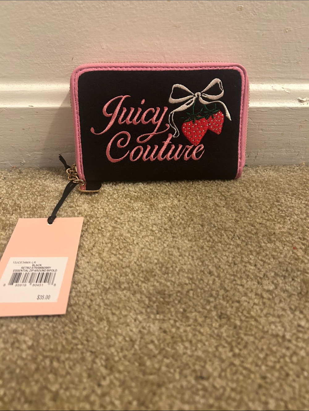 Juicy Couture Black & Pink Strawberry Embroidered Zip Wallet
